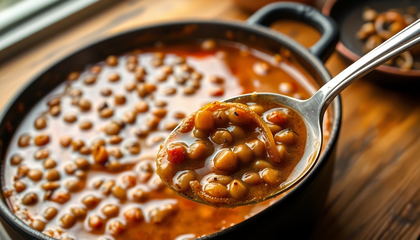 Hartige linzenstoof met umami van miso en terroir